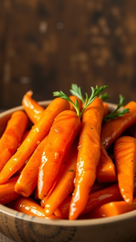 A bowl of honey-maple glazed carrots, glistening with a sweet glaze.