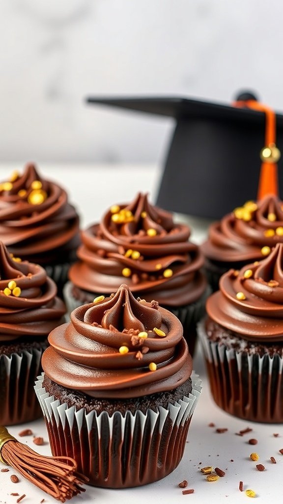 Chocolate graduation cupcakes with frosting and sprinkles, with a graduation cap in the background.