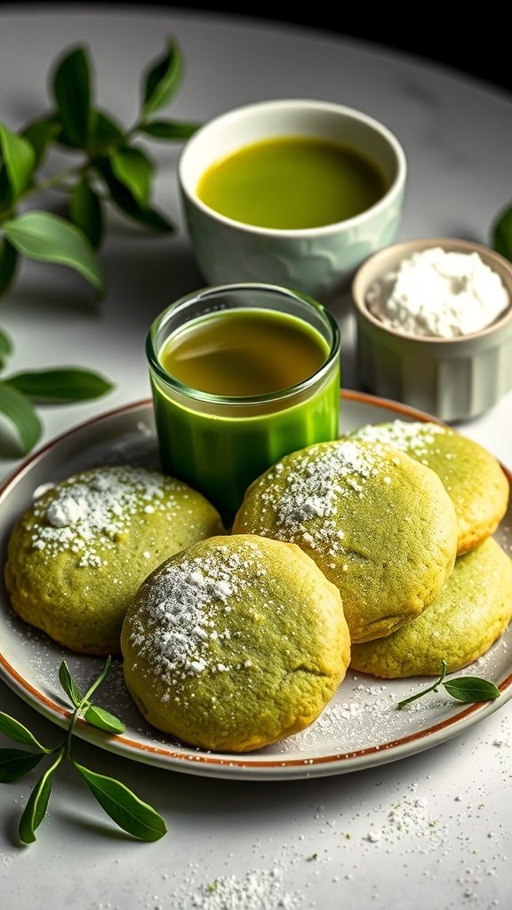 A plate of matcha sugar cookies with powdered sugar on top, accompanied by cups of matcha tea.