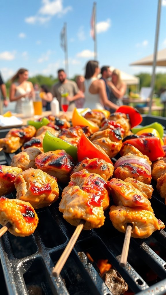 Grilled chicken skewers with colorful bell peppers on a grill, with people enjoying a summer gathering in the background.