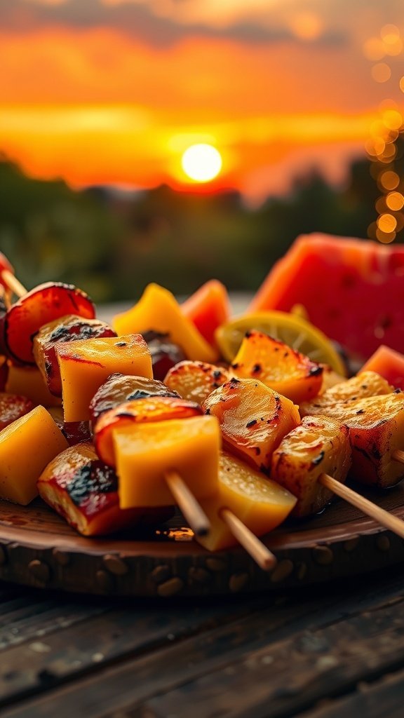 Grilled fruit skewers with a sunset background