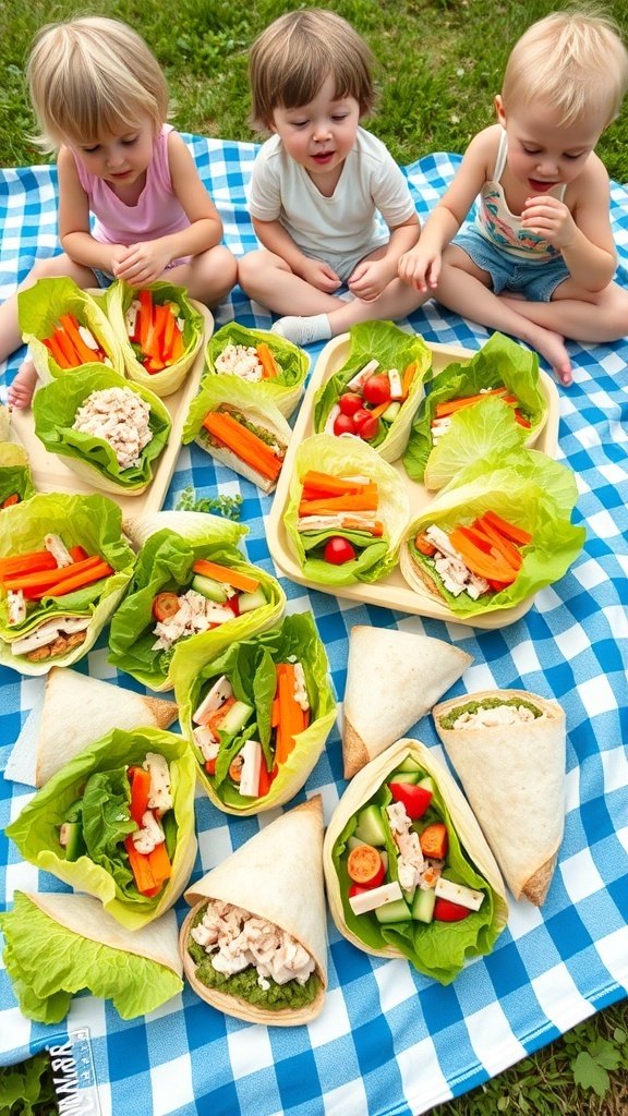 Kids enjoying a picnic with colorful wraps and lettuce cups filled with fresh veggies.
