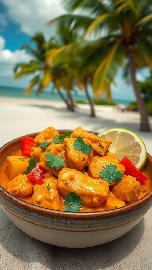A bowl of Coconut Curry Chicken with vibrant colors, set against a tropical beach backdrop.