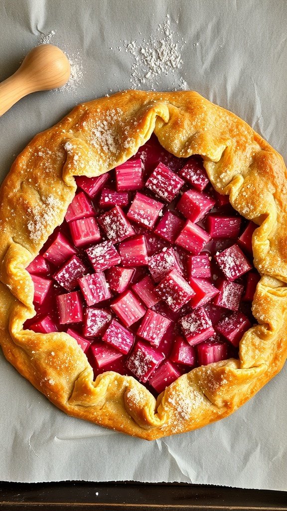 A rustic rhubarb galette with vibrant pink rhubarb pieces and a golden crust