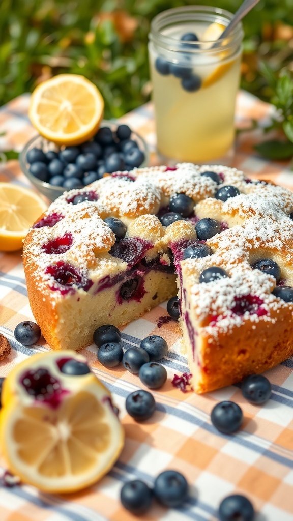 A slice of lemon blueberry dump cake with fresh blueberries and lemon slices on a picnic blanket.