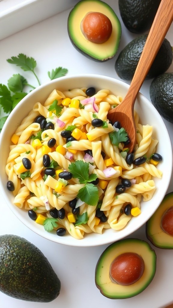 A bowl of creamy avocado pasta salad with corn and black beans, garnished with cilantro, surrounded by whole avocados.