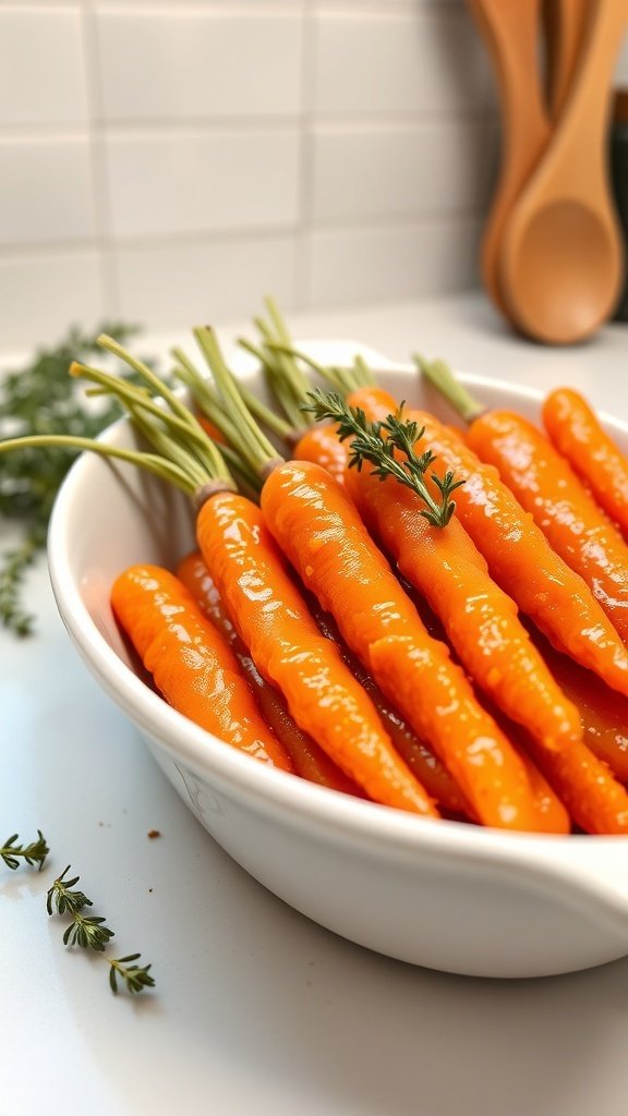 A bowl of honey-brown sugar glazed carrots with thyme