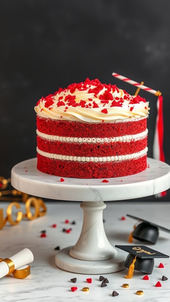 A rich red velvet cake with cream cheese frosting, decorated with red velvet crumbs, set on a marble cake stand, surrounded by graduation-themed decorations.