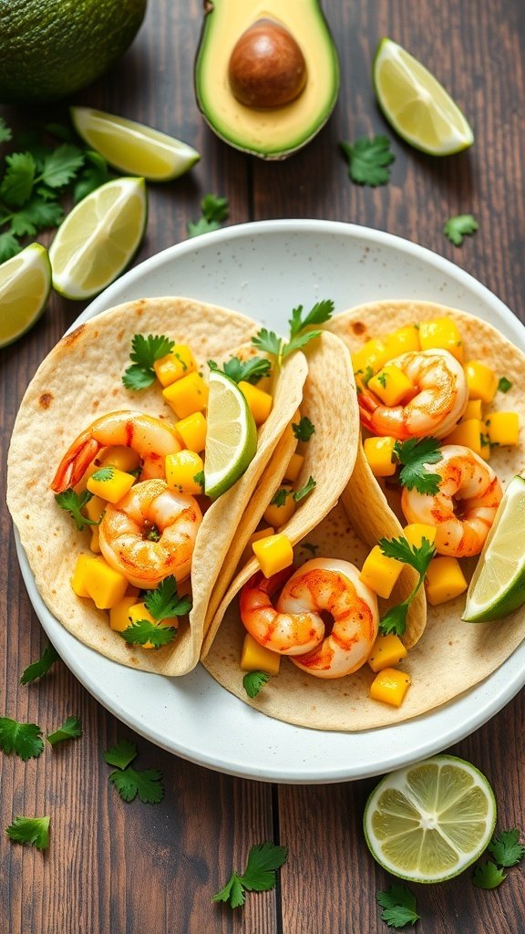 Three shrimp tacos topped with mango salsa, cilantro, and lime wedges on a plate.