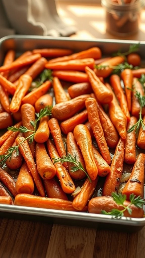 A tray of roasted carrots glistening with brown sugar and garnished with fresh herbs.