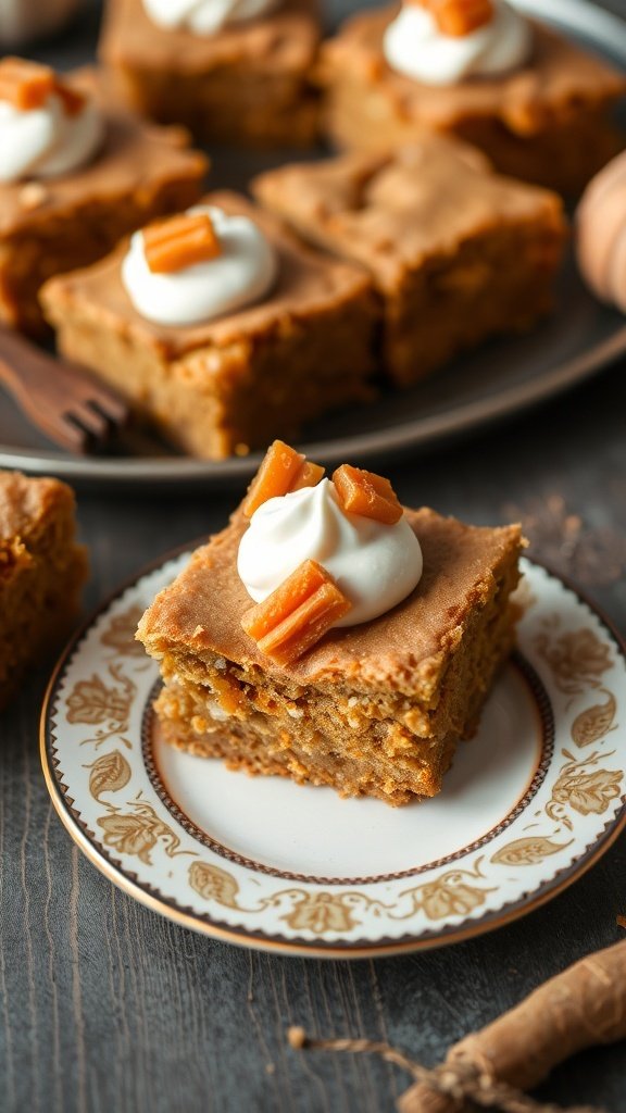 Delicious spiced carrot cake bars topped with frosting and candied ginger.