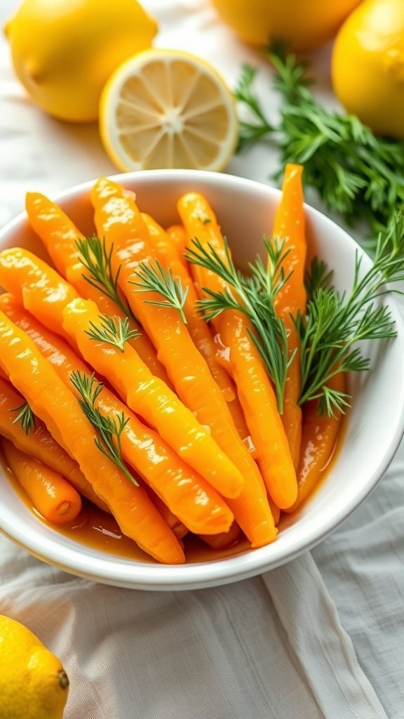 A bowl of bright orange carrots garnished with dill, surrounded by lemons.
