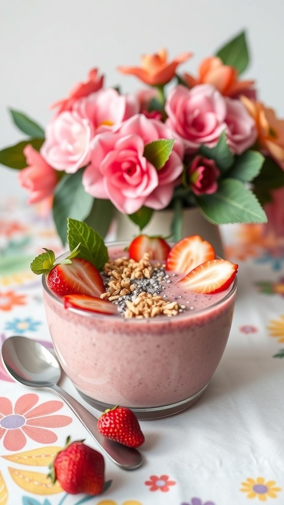 A colorful strawberry rhubarb smoothie bowl topped with granola and fresh strawberries, with a bouquet of roses in the background.