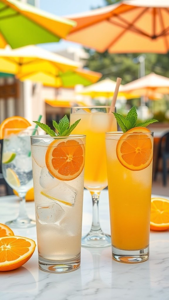A variety of refreshing citrus drinks with orange slices and mint leaves, set against a sunny outdoor backdrop.