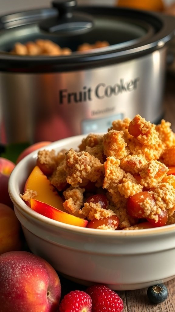 A bowl of summer fruit crisp with peaches and cherries, next to a slow cooker.