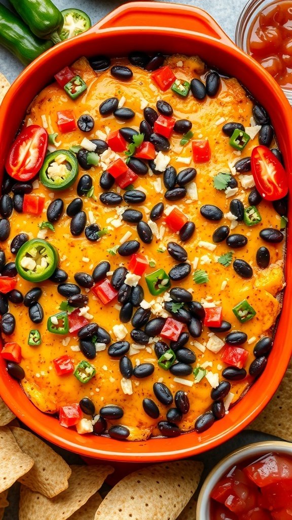 A colorful Tex-Mex squash casserole topped with black beans, cheese, and fresh peppers, served with tortilla chips.
