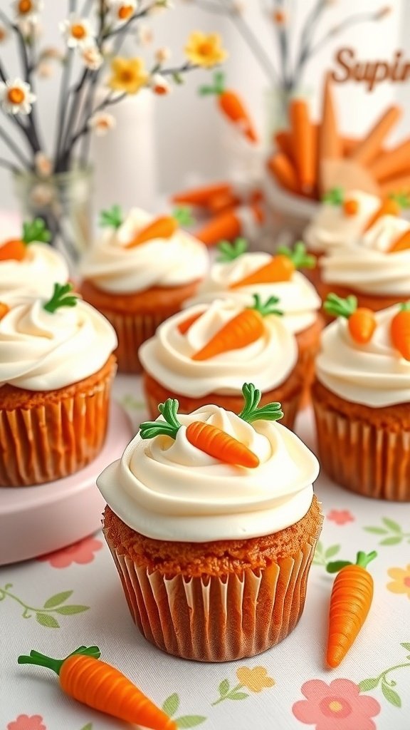 Delicious carrot cake cupcakes with cream cheese frosting and fondant carrots on top.