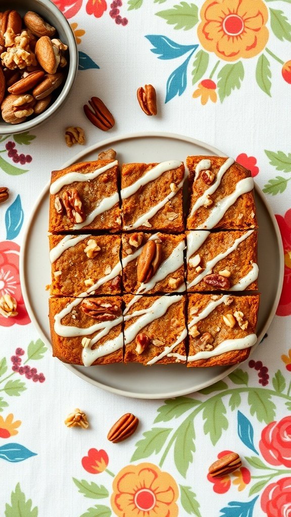 Nutty carrot cake bars topped with cream cheese frosting on a floral tablecloth