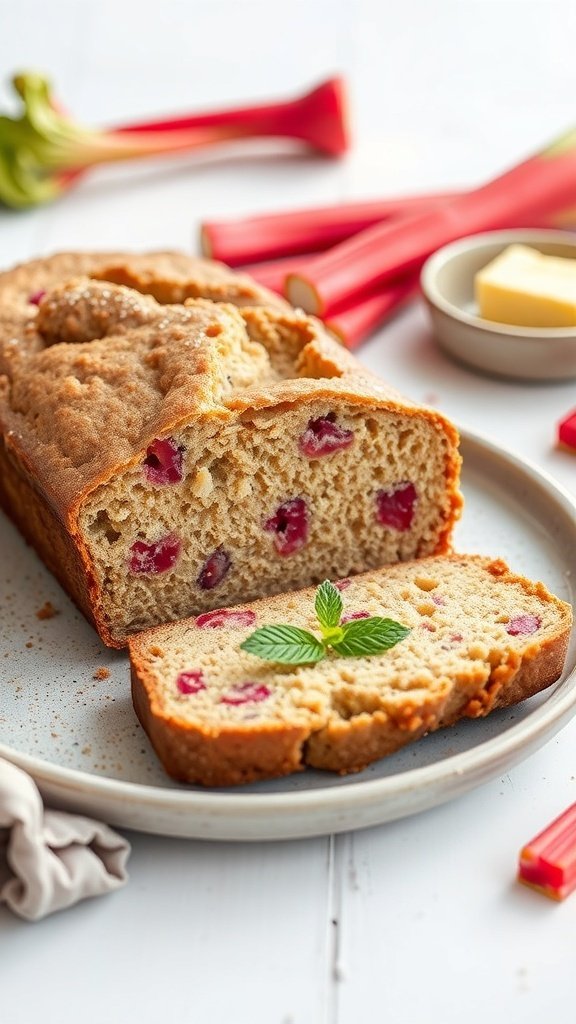 A freshly baked vegan rhubarb bread loaf with a slice cut out, showcasing its moist interior and pieces of rhubarb.