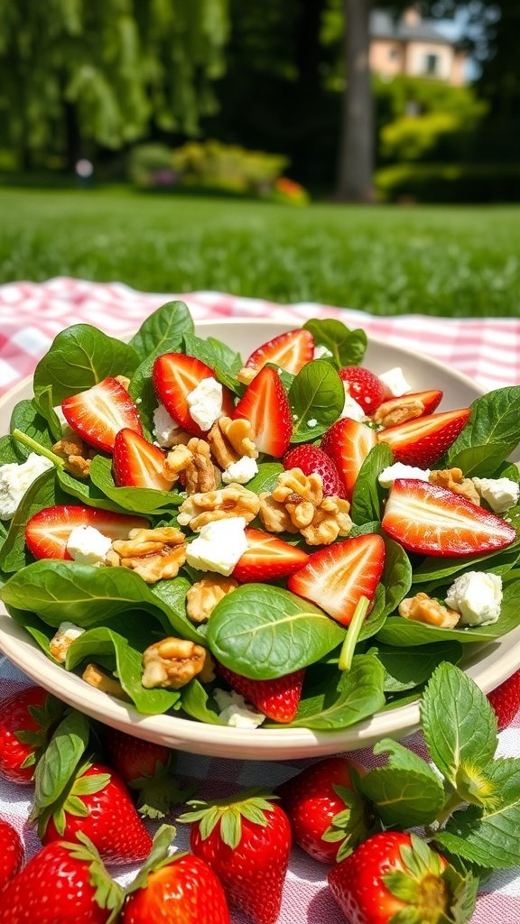 A vibrant strawberry spinach salad with walnuts and feta cheese, set outdoors on a picnic blanket.