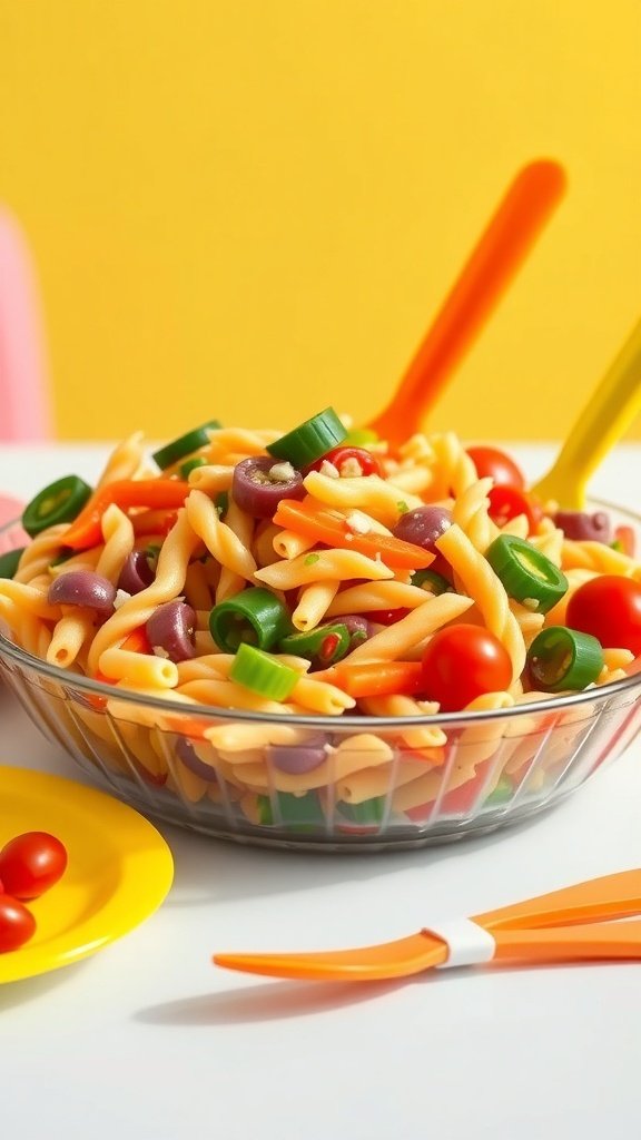A colorful bowl of rainbow pasta salad with cherry tomatoes, green bell peppers, and purple olives.