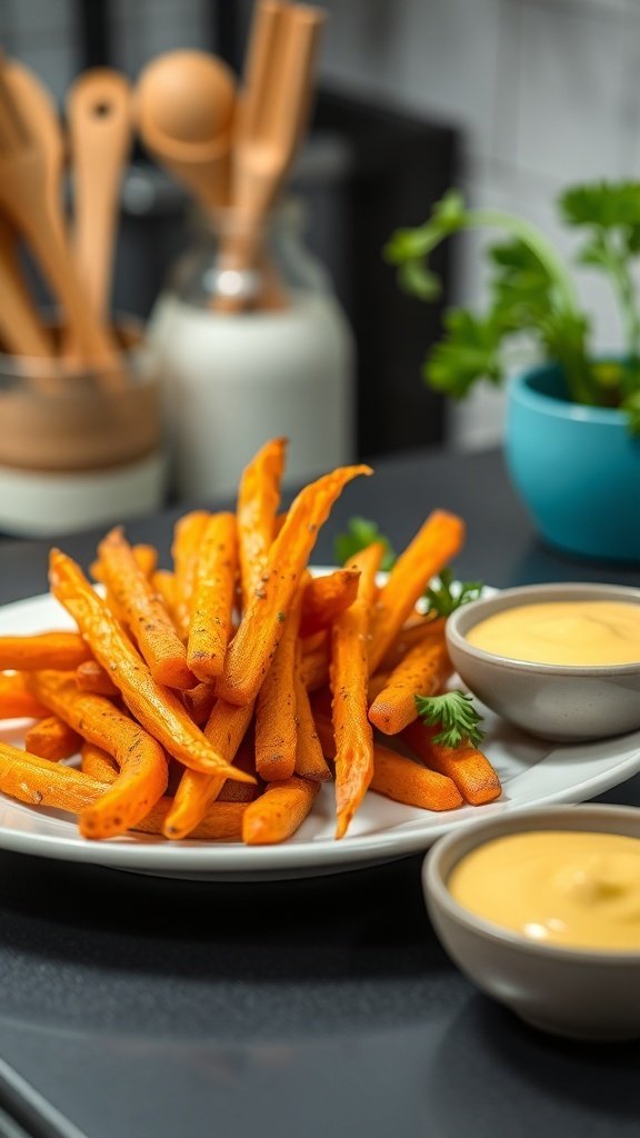 A plate of tangy mustard-glazed carrot fries served with dipping sauce.