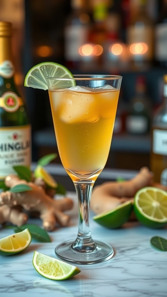 A refreshing Spicy Ginger Fizz drink garnished with lime and ginger, set in a cozy bar environment.