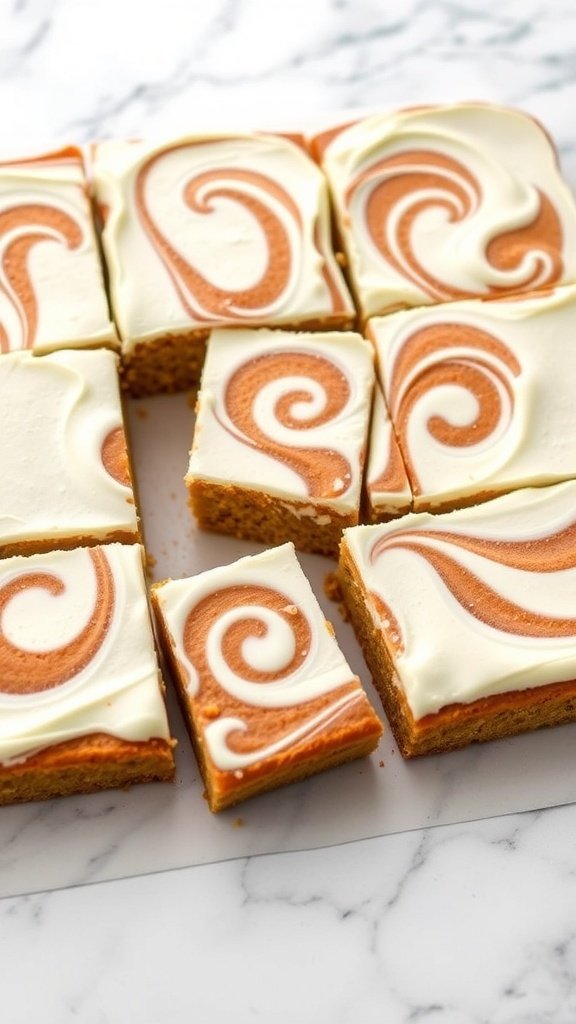 Cream cheese swirled carrot cake bars cut into squares
