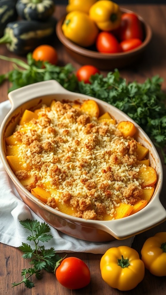 A baked summer squash casserole topped with breadcrumbs and cheese, surrounded by fresh tomatoes and yellow squash.