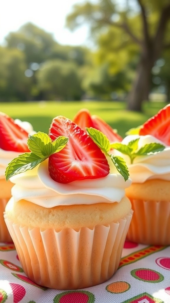 Delicious strawberry shortcake cupcakes topped with whipped cream and fresh strawberries, set in a sunny outdoor setting.