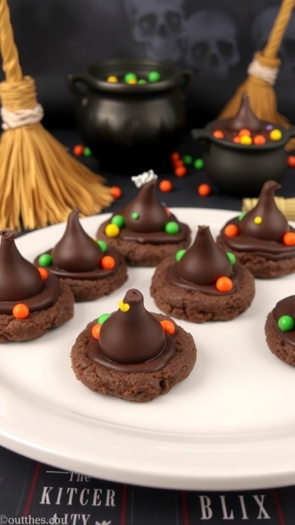 A plate of Witch Hat Cookies decorated with chocolate kisses and colorful candies.