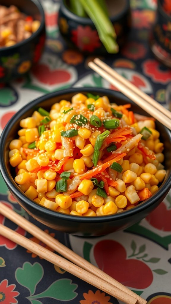 A colorful bowl of Asian corn salad with sesame dressing, featuring corn, carrots, and green onions, served with chopsticks.