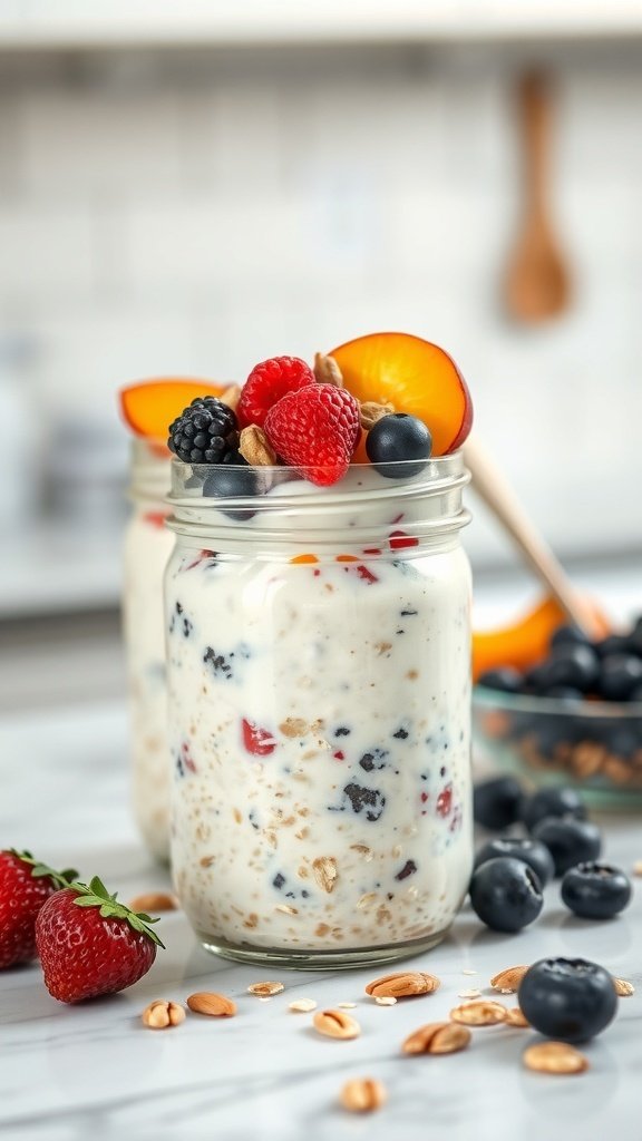 Jars of fruit-infused overnight oats topped with fresh berries and peaches