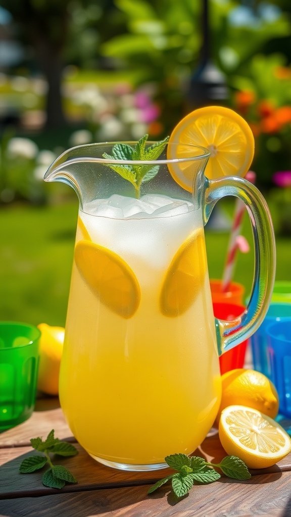 A pitcher of refreshing lemonade with lemon slices and mint leaves, surrounded by colorful cups and fresh lemons.