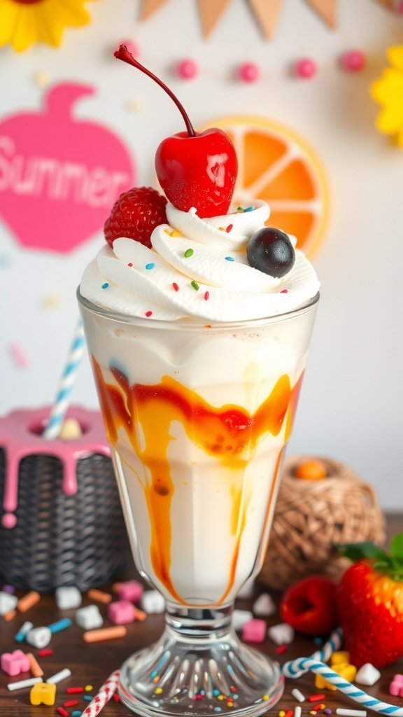 A delicious ice cream sundae topped with whipped cream, a cherry, and colorful sprinkles, perfect for summer.