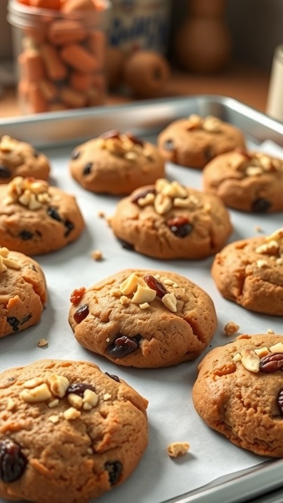 Freshly baked carrot cake cookies with nuts and raisins on a baking sheet.