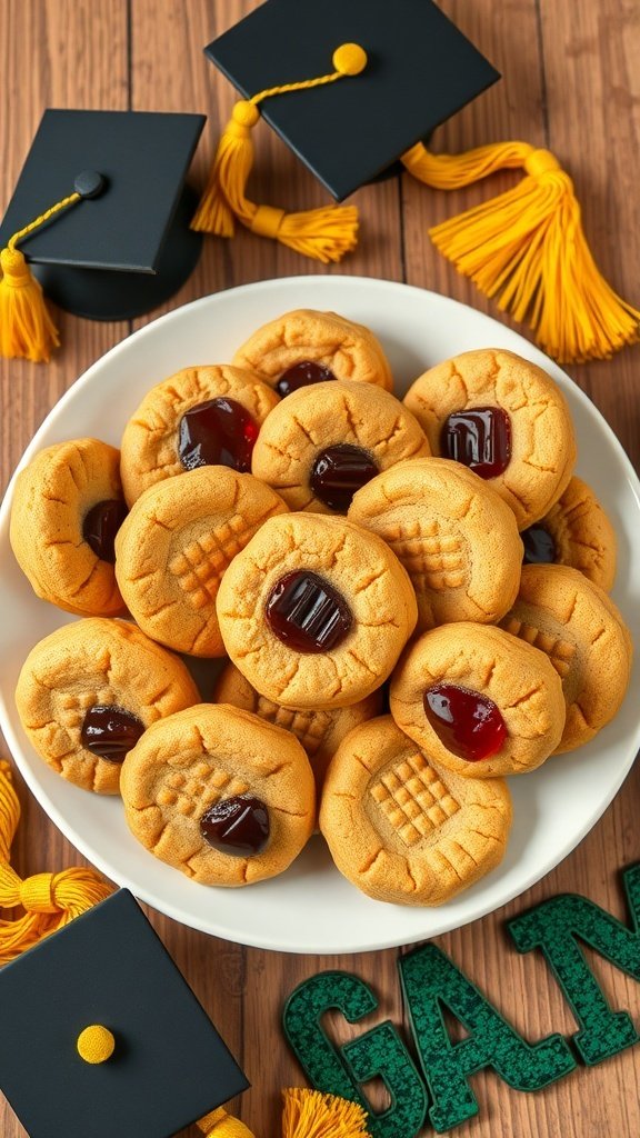 A plate of peanut butter cookies with jam centers, surrounded by graduation caps and decorations.