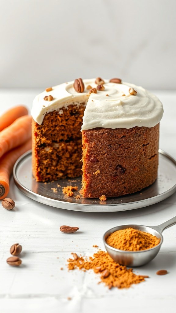 A delicious sugar-free carrot cake with a slice cut out, topped with cream cheese frosting and garnished with nuts.