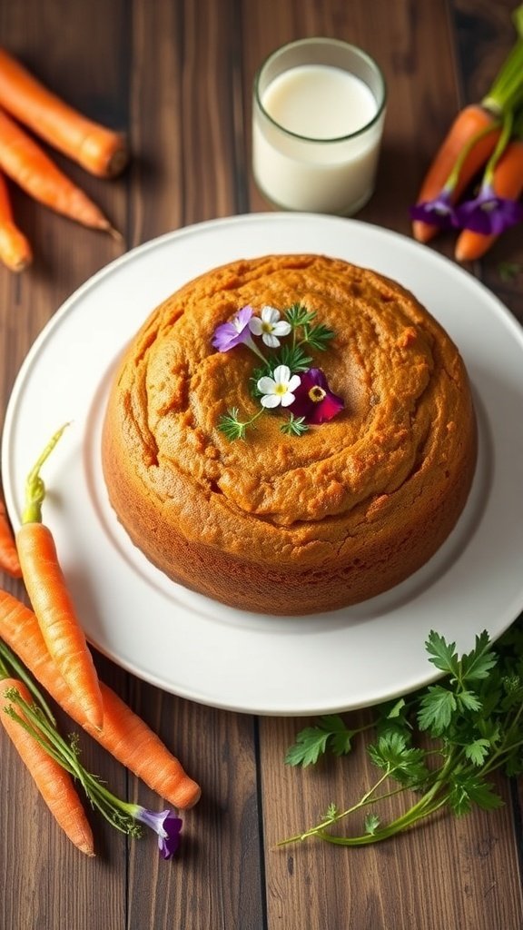 Nut-free gluten-free carrot cake with fresh flowers and carrots around it