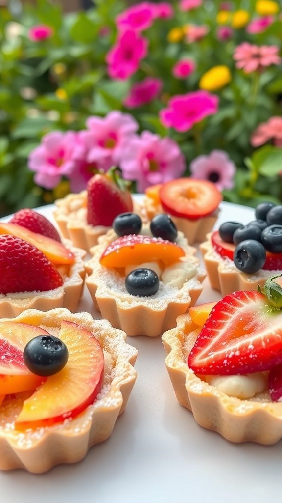 Colorful fruity tarts topped with strawberries, blueberries, and peaches, surrounded by blooming flowers.