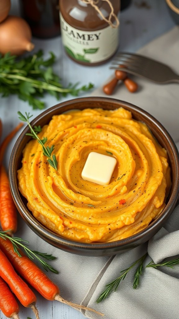 A bowl of rainbow carrot mash topped with butter and herbs, surrounded by fresh carrots.