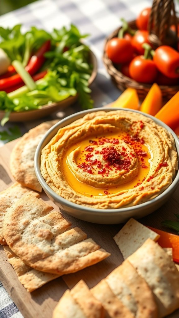 A bowl of roasted red pepper hummus with pita chips and fresh vegetables