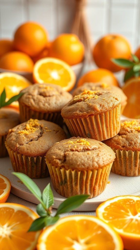 Zesty orange-infused carrot cake muffins with oranges in the background