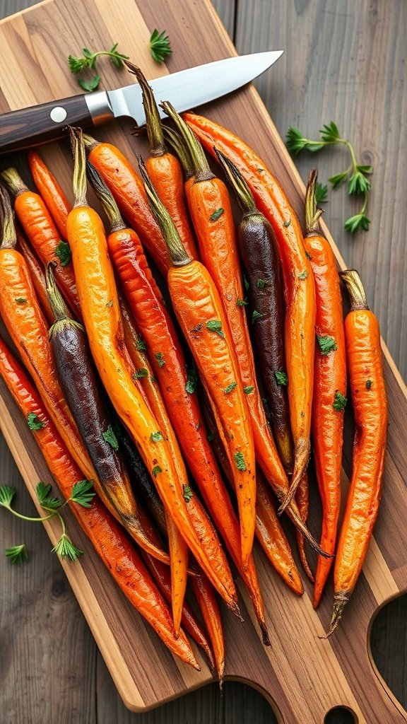 A wooden board with a variety of roasted carrots, showcasing vibrant orange and purple colors, garnished with herbs.