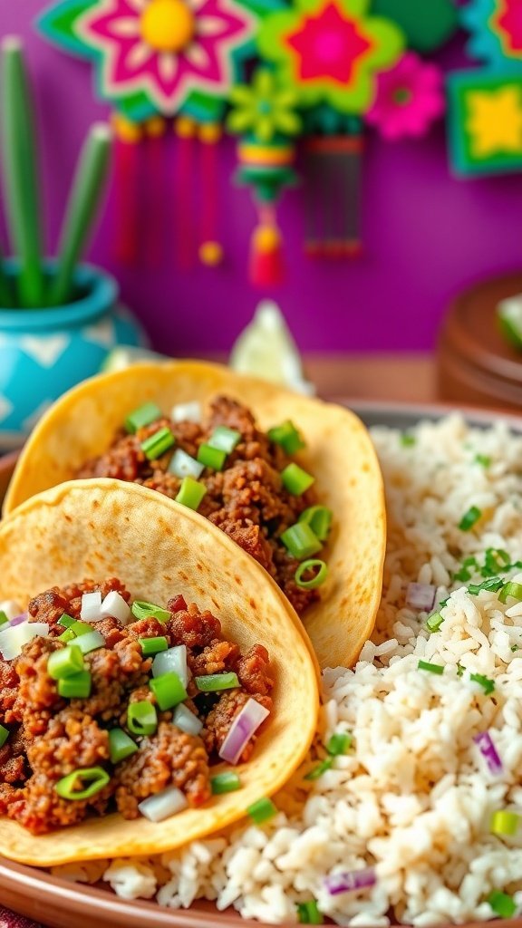 Spicy beef tacos with cilantro lime rice served on a colorful plate.