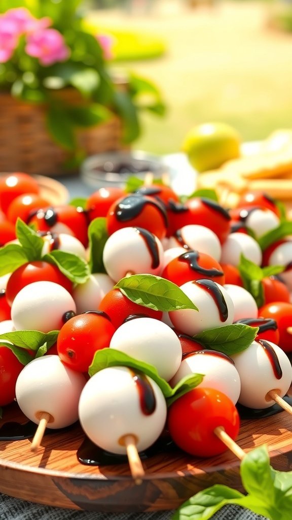 A platter of colorful Caprese skewers with cherry tomatoes, mozzarella balls, and fresh basil, drizzled with balsamic glaze.