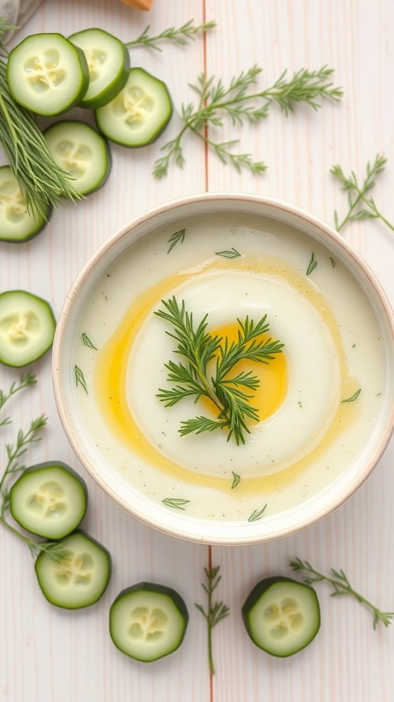 A bowl of chilled cucumber soup garnished with dill, surrounded by cucumber slices.