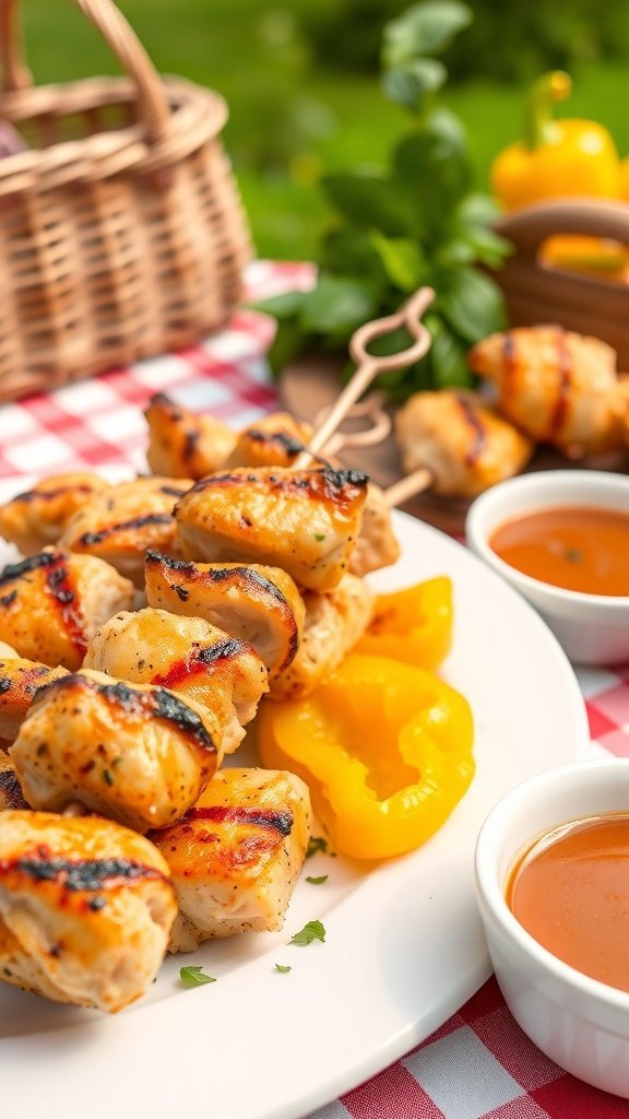 Grilled lemon herb chicken skewers with bell peppers on a plate, served with dipping sauces.
