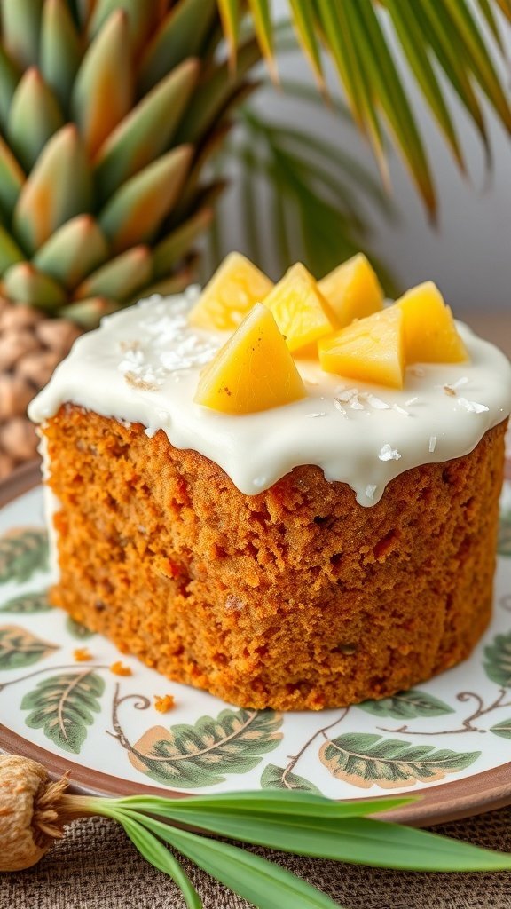 A slice of carrot cake topped with cream cheese frosting and pineapple chunks, with a tropical background.