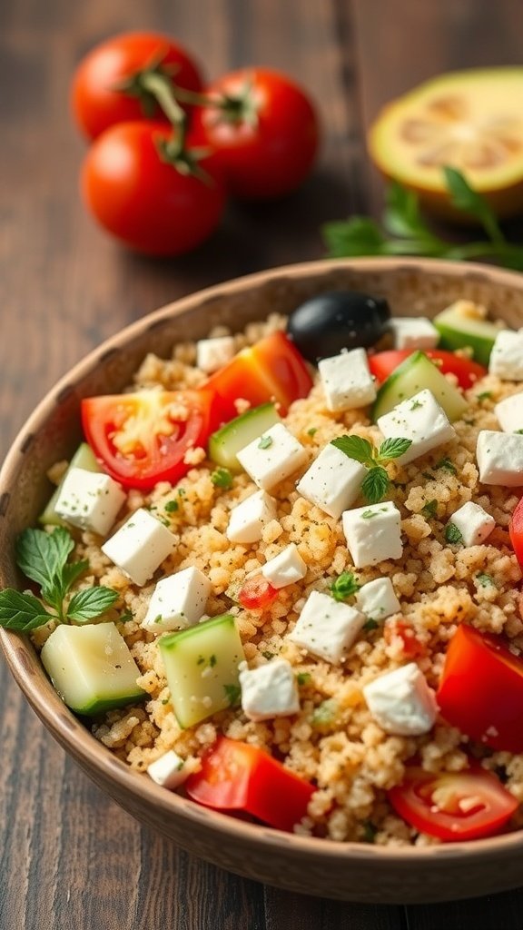 A bowl of Mediterranean quinoa salad with tomatoes, cucumbers, and feta cheese.